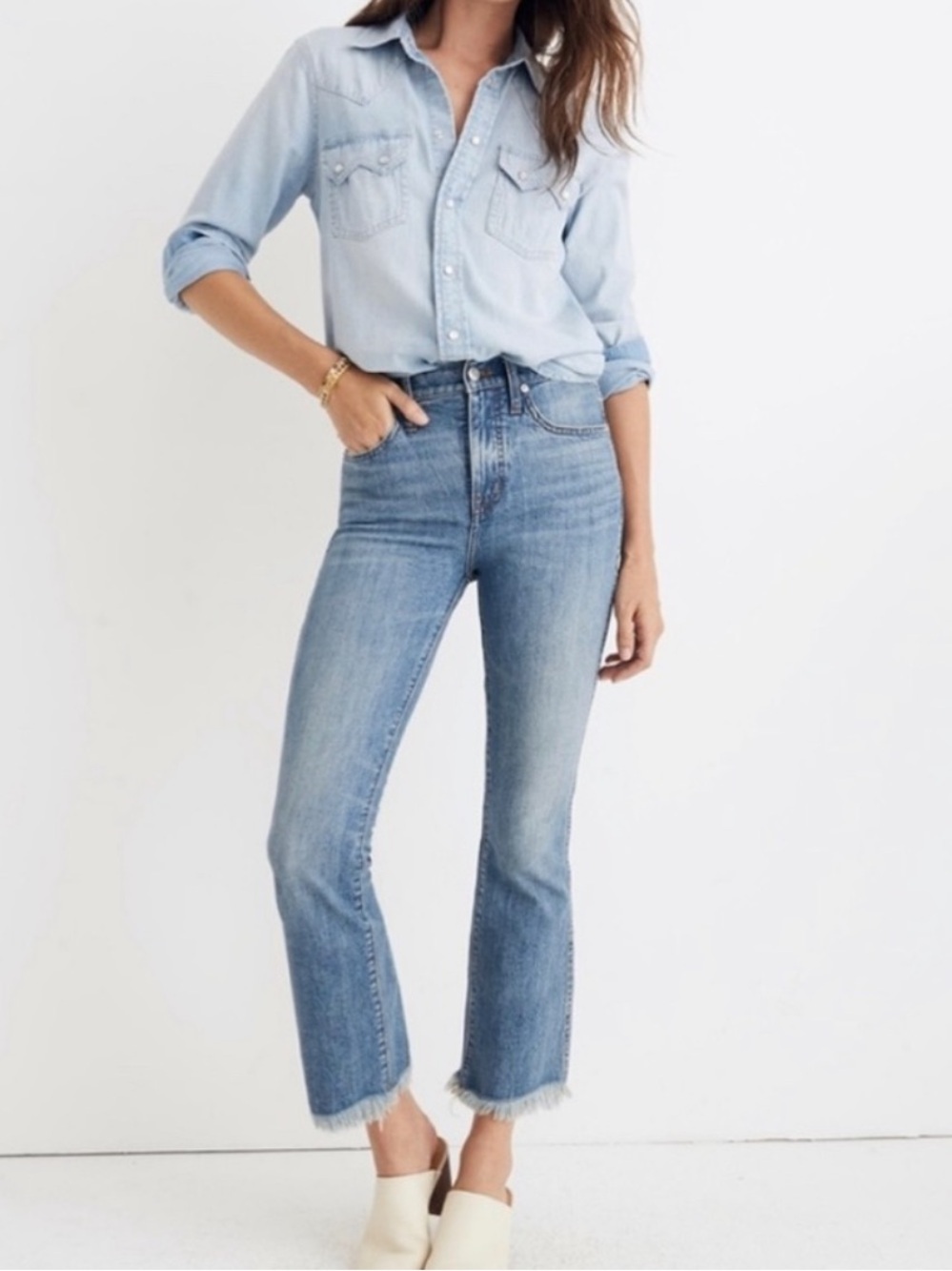 {Madewell} "Cali Demi Boot" Blue High Rise Raw Hem Bootcut Crop Jeans WJ393